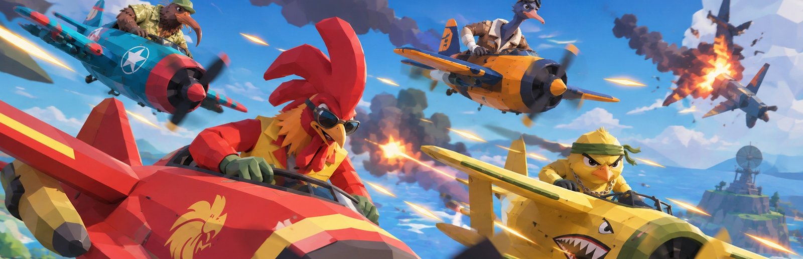 Arte de Maverick Combat: aves pilotam aviões coloridos em uma batalha aérea